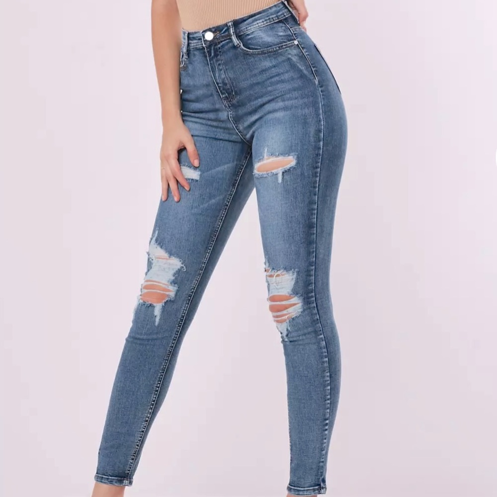 Missguided 14 Highwaisted Rip Skinny Wash Jeans